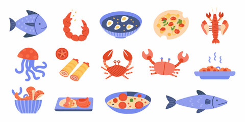 Colorful illustration of various seafood and prepared dishes on a white background © Juna