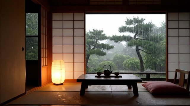 Serene Japanese tea room with tranquil garden view on rainy day