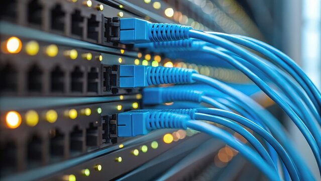 Data Breach Investigation Close-up of blue Ethernet cables plugged into a network switch with illuminated status lights.