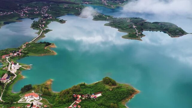Aerial wide view of lake landscape