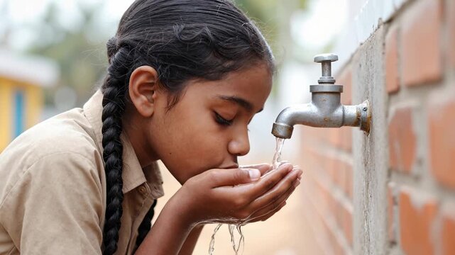 young child drinking fresh water from an outdoor tap, showing access to clean water, health, and daily hydration in a simple environment