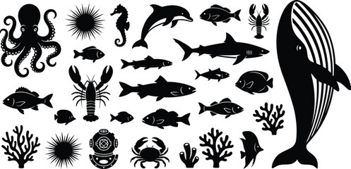 Marine life icon set with whale, fish, octopus and sea creatures in black silhouette vector collection isolated on white background for ocean wildlife design © Hey There