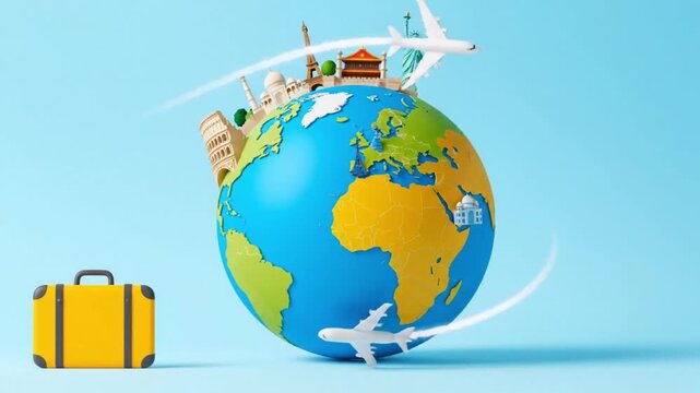 Miniature travel landmarks adorn a vibrant globe symbolizing global tourism journeys with airplanes circling and a bright yellow suitcase ready for adventure.