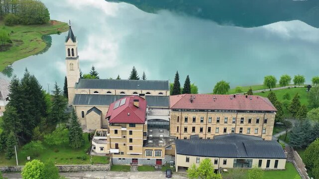 Church tower near Ramsko Lake aerial