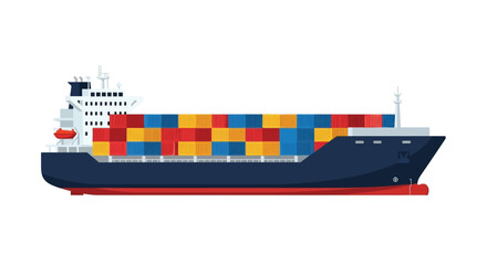 Stylized illustration of a large container ship transporting colorful cargo