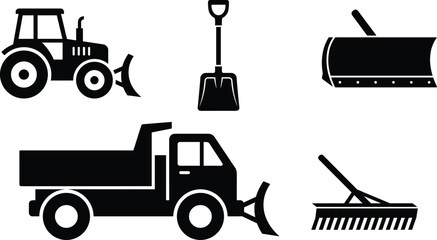 Snow removal equipment icon set featuring tractor, plow and shovel silhouettes in vector illustration isolated on white background for winter maintenance design © Hey There