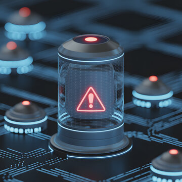 Cybersecurity Breach: A futuristic scene showcasing a high-tech circuit board. A central alert symbol encased in a glass container glows amidst other digital sentinels.