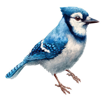 Isometric watercolor graphic of Blue Jay, neatly isolated on white background.