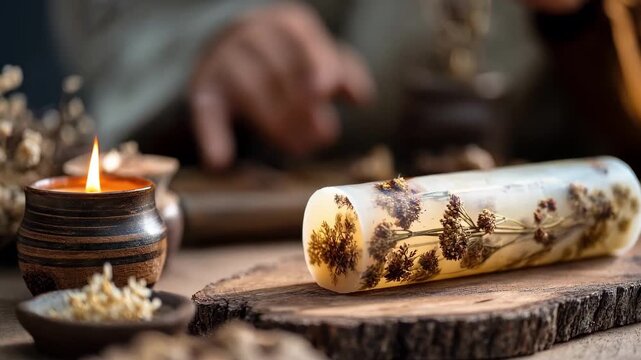 Craftsman rolling natural beeswax and embedding dried flowers to create a unique scented candle for cozy ambiance.