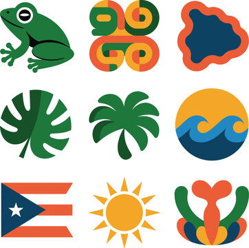 Tropical Icons: Frog, Leaf, Palm Tree, Sun, Waves, Flag, Abstract Art, Hawaii