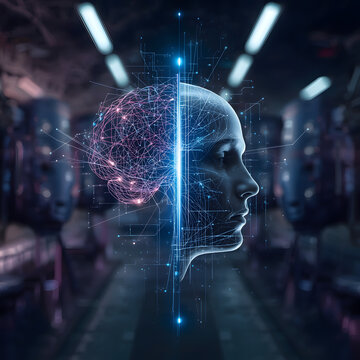 Digital Brain:  A futuristic composite image merging the human silhouette with intricate digital networks, signifying the intersection of the mind and technology.