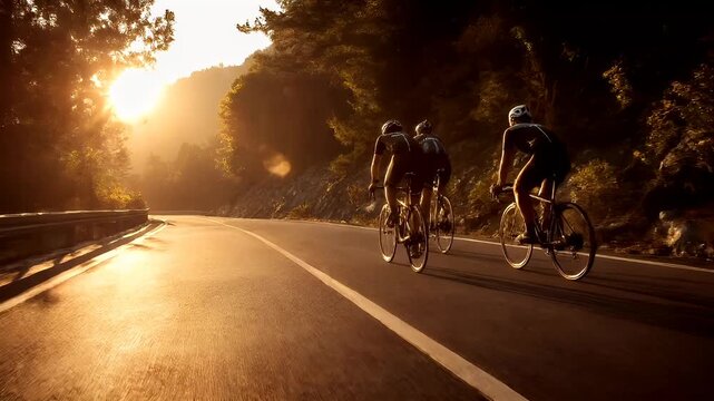 Cardio sports cycling biking exercise, healthy lifestyle. Three cyclists riding down a road at sunset, with the sun casting a golden hue over the scene.