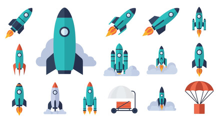 Colorful cartoon rockets and space travel elements on a white background © Md Anisur Rahman 