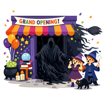 A lively illustration of a magical shop's grand opening, where a Dementor suddenly appears at the entrance, sharply contrasting light and dark elements