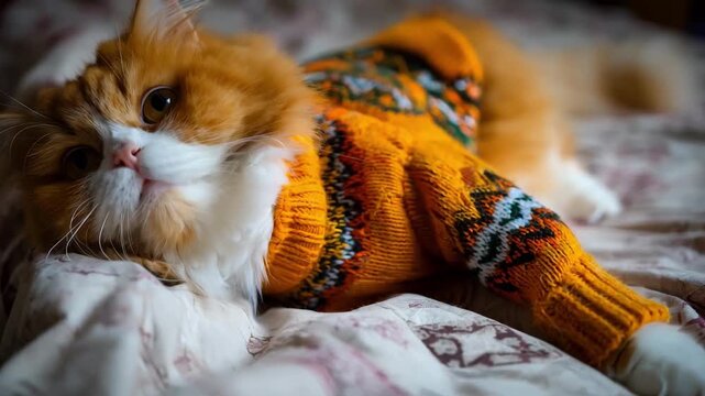 Medium shot of a fluffy cat dressed in a soft knit sweater showcasing intricate patterns and comfortable stretch fabric