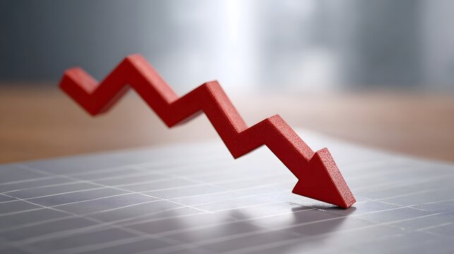 A red arrow pointing downwards on a grid symbolizing a negative trend financial loss or economic decline