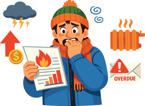A man in a warm hat, stressed and shocked, bites his nails as he reads an unexpectedly high heating bill, feeling overwhelmed by rising living costs, debt, and the energy crisis