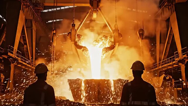 Industrial workers observing molten metal pouring in a steel factory at night