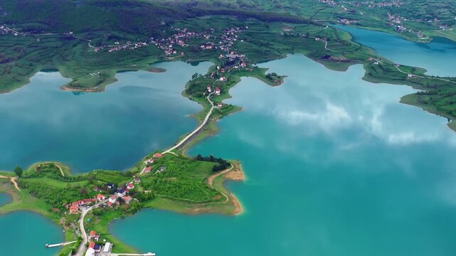 Aerial top view of lake road