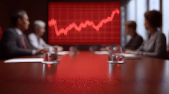 Blurred business meeting in a red lit boardroom with a fluctuating graph on screen
