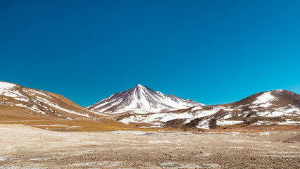 Snow-Capped Volcano in the Atacama Desert Under Clear Blue Sky
