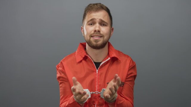 Man in orange prisoner jumpsuit with visible handcuffs and hands held forward in gray studio; pleading remorse.