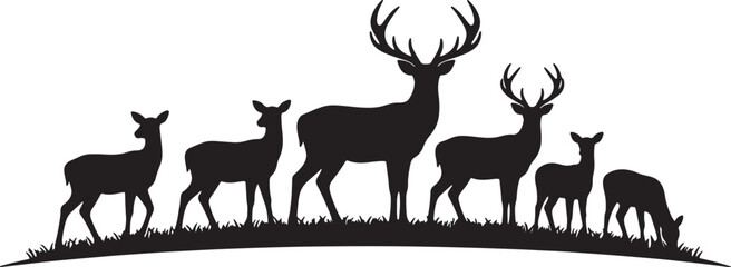Fototapeta premium Black silhouette herd of deer including a large stag with antlers standing on grassy ground against a white background also transparent background