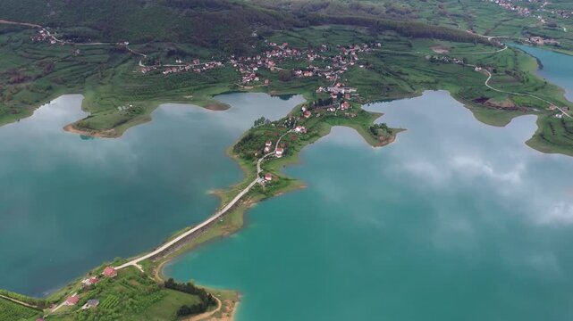 Aerial view of lake shoreline village