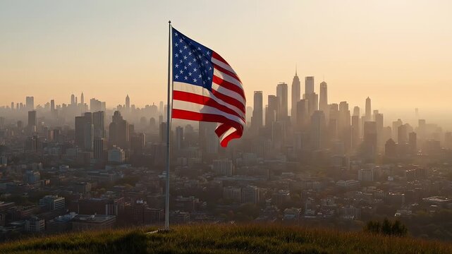 The american flag flutters proudly in the wind in front of a city skyline under a beautiful sky, symbol of patriotism and presidents day