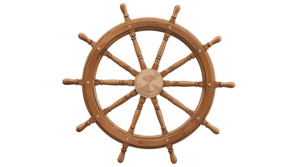 Wooden ship's steering wheel with spokes and handles on white background Keywords: ship wheel, steering wheel, helm, boat