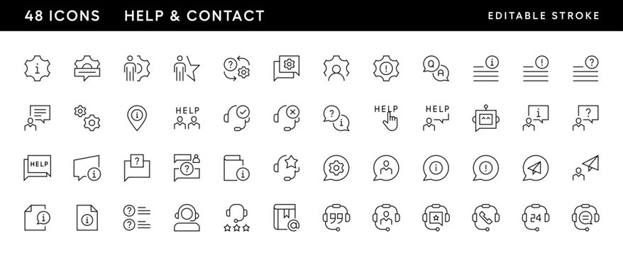 Support icon collection. Contact icon set. Customer service, contact us, information, technical support, call center, assistant and more. Editable stroke. Pixel Perfect. Grid base 32 x 32.