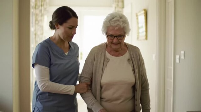 A modern care professional in muted blue scrubs gently guides an elegant older adult in beige cardigan in a sunlit home, with soft bokeh. Concept of empathetic eldercare