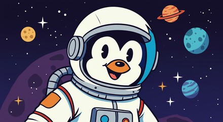 Naklejka premium Penguin astronaut exploring space with planets