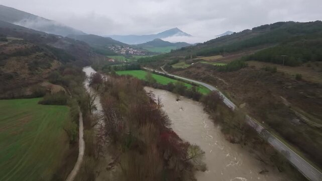 Arakil River flooding, Eguillor in the background. Ollo Valley, Navarra