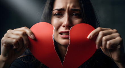 Woman crying while tearing red heart symbol in emotional distress  