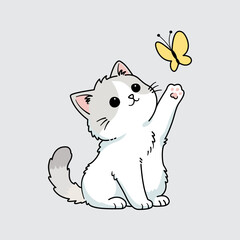 Cute Cat Playing with a Butterfly with editable stroke