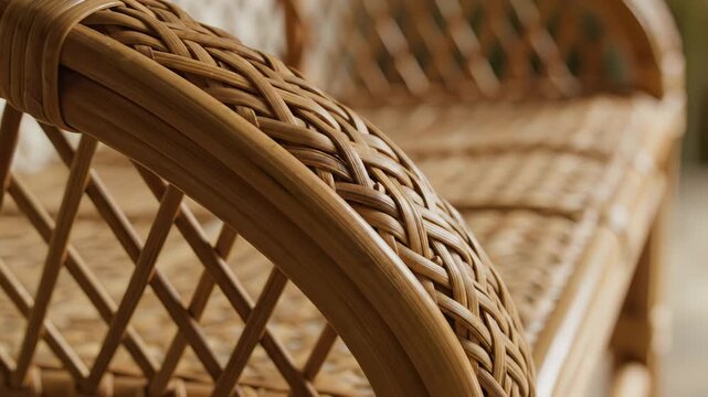 Close up shot of a tightly woven natural rattan armchair with intricate braiding details and a soft textured cushion bathed in warm natural light highlighting the organic material and inviting