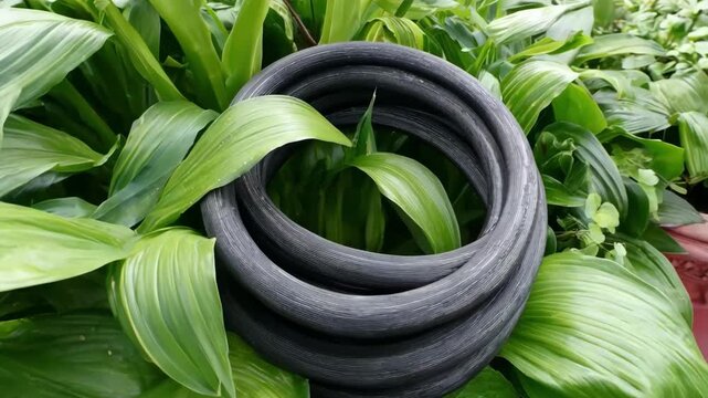 Closeup medium shot of a hybrid selfhealing garden hose combining rubber and polymer layers highlighting its durable construction while gently winding through lush garden foliage.