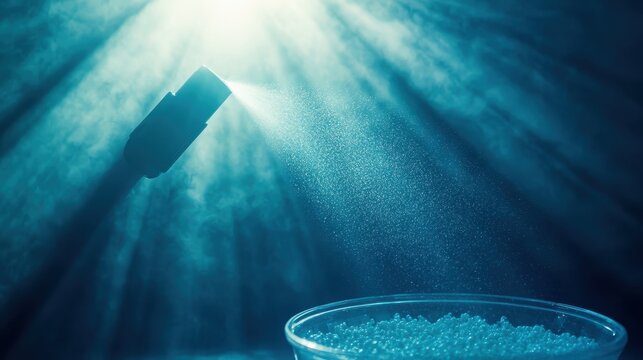 A handheld sonic disruptor probe emitting a fine mist of particles over a collection of small beads in a blue, backlit setting.