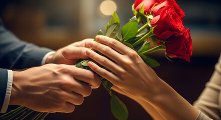 Man giving red roses to woman in romantic indoor setting  