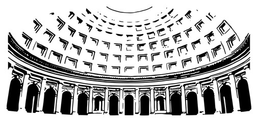 Hand drawn interior view of a classical dome with coffered ceiling and columns © AdrianGebert