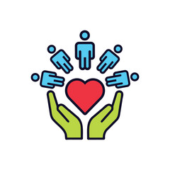 Obraz premium Social Welfare Community care and support Logo, hands holding heart and people figures. Unity and care.