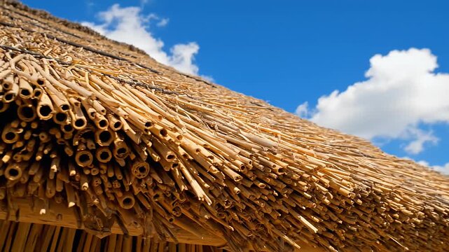 Close-up view of a thatched roof with blue sky and clouds in the background.
