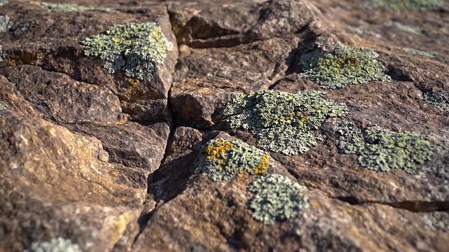 Close-up view of a textured rock surface with green moss and lichen growing on it.