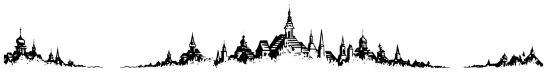 Panoramic city skyline with church spires and domes in a grainy black and white stipple art style © AdrianGebert