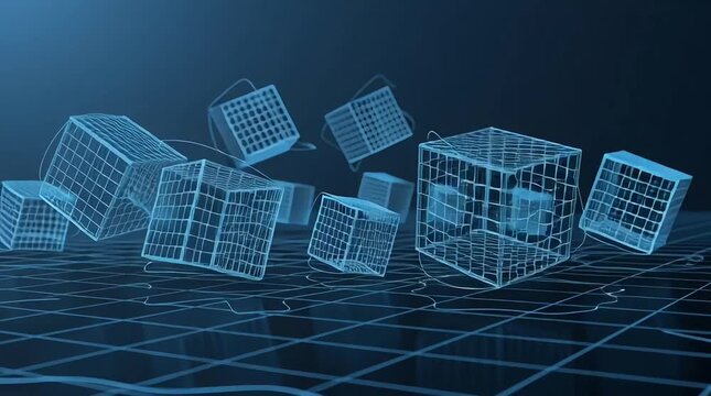 Futuristic 3D wireframe cubes floating in virtual space with grid floor
