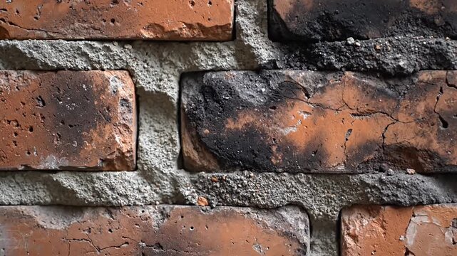 Close-up view of a weathered brick wall showing texture and detail.