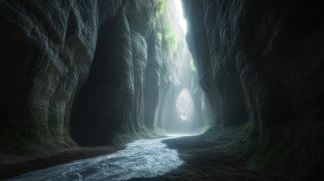 A murky river flows through a deeply gouged canyon with towering rock walls bathed in dramatic sunlight and shadows
