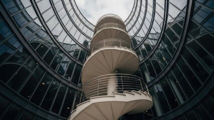 Obraz premium A modern spiral staircase in a contemporary glass building interior