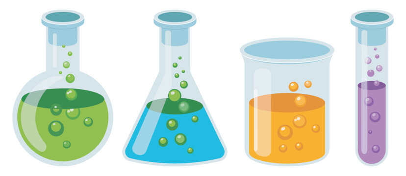 Laboratory glassware with colorful liquids, chemistry experiment setup, beakers, flasks, test tubes filled with vibrant solutions, science education vector illustration